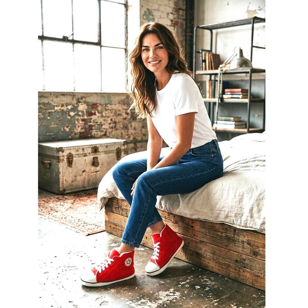 Converse Red & White Women's Soft Hightop Slippers - Size: Large
